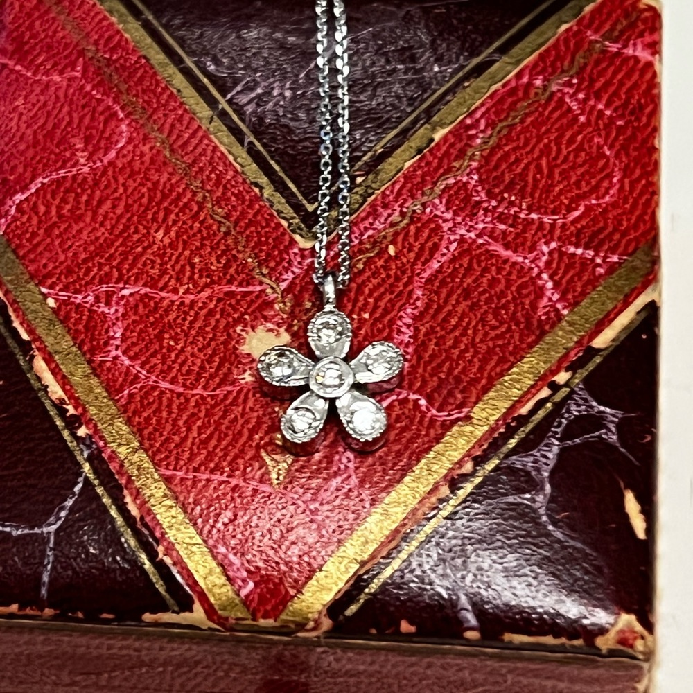 Petite 14k White gold Diamond Flower Pendant Necklace 18”